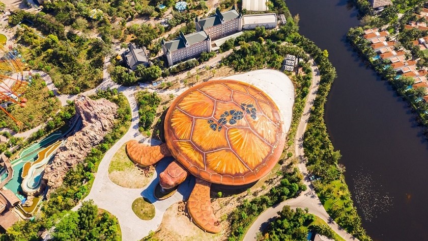 Aerial view of the turtle-shaped Sea Shell Aquarium
